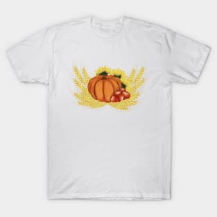 Harvest. Autumn. Pumpkin, apples, sunflowers and wheat T-Shirt